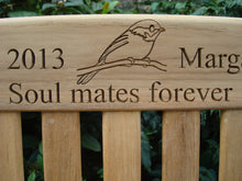 Load image into Gallery viewer, Robin carved into the wood of memorial bench - 4mb2992