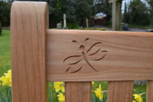 Load image into Gallery viewer, memorial bench with dragonfly carved into wood - 4mb4865