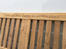 Load image into Gallery viewer, memorial bench with a fishing rod and golf club carved into the wood-4mb4093