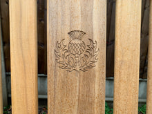 Load image into Gallery viewer, Thistle carved on Kenilworth teak memorial bench