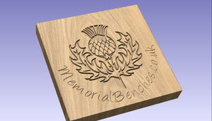 Thistle symbol of Scotland carved on a memorial bench